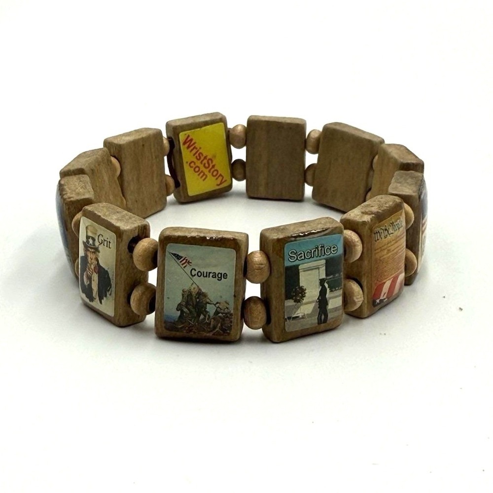 Vintage Patriotic Wood Tile Bracelet‎ Freedom Liberty Old Glory WristStory